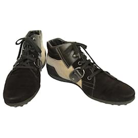 Tod's-Tod's Black Suede Beige Canvas High Top Sneakers Shoes Lace Up size 37.5-Black