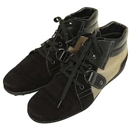 Tod's-Tod's Black Suede Beige Canvas High Top Sneakers Shoes Lace Up size 37.5-Black