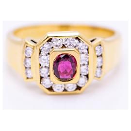 Autre Marque-Ring with Diamonds and Ruby-Red,Golden