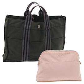Hermès-HERMES Pouch Tote Bag Canvas 2Set Gray Pink Auth bs8795-Pink,Grey