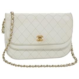 Chanel-CHANEL Bolsa de Ombro com Corrente Matelassê Pele de Cordeiro Branco CC Auth bs9328-Branco