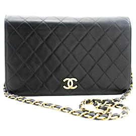 Chanel-CHANEL Pochette de sac à bandoulière en chaîne à rabat intégral en cuir d'agneau matelassé noir-Noir