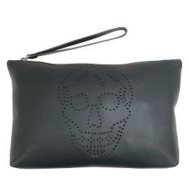 Bracciale Alexander McQueen in pelle nera con teschio traforato Nero