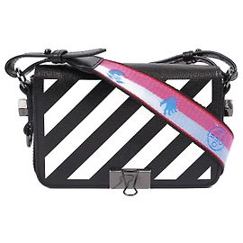 Bolsa com aba com clipe para pasta off white listrada preta / Couro Branco Mini Preto