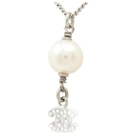 Chanel-Coco Short Necklace CC Faux Pearl & Strass-Silvery