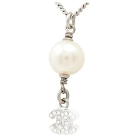 Chanel-Collier Court Coco CC Fausse Perle & Strass-Argenté