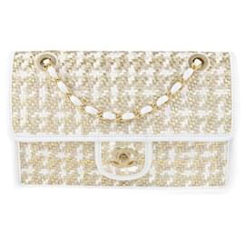 Chanel-ouro/Bolsa com aba de tecido branco-Dourado