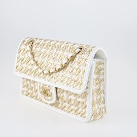 Chanel-oro/Bolso con solapa tejido blanco-Dorado