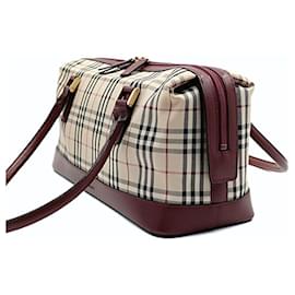 Burberry-Burberry shoulder bag in burgundy check canvas and leather-Beige