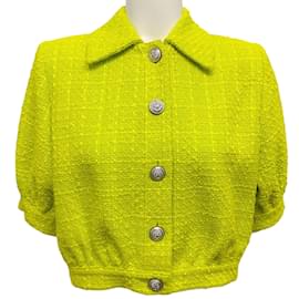 L'Agence-L'Agence Neon Green Short Sleeve Cropped Tweed Jacket-Green