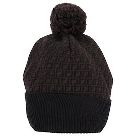 Fendi FF Pompom Beanie in Brown Wool Brown