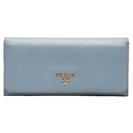 Prada-Prada Saffiano Logo Continental Flap Wallet Portefeuille long en cuir en bon état-Bleu