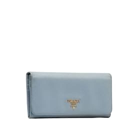 Prada-Prada Saffiano Logo Continental Flap Wallet Portefeuille long en cuir en bon état-Bleu