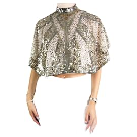 Vintage-Top allacciato al collo ricamato con paillettes color oro vintage - taglia UK 8-Altro