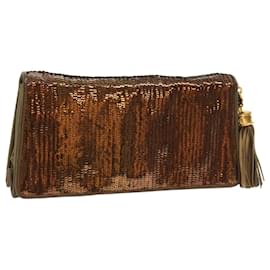 Chanel-Bolsa clutch com lantejoulas CHANEL Couro Bronze CC Auth bs9383-Bronze