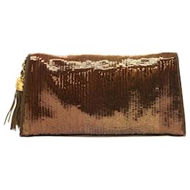 Chanel-Bolsa clutch com lantejoulas CHANEL Couro Bronze CC Auth bs9383-Bronze