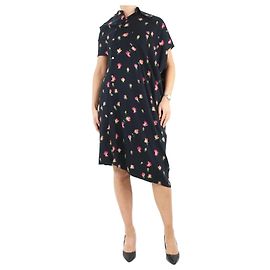 Junya Watanabe Schwarzes, asymmetrisches Midi-Hemdkleid mit Blumenmuster – Größe UK 10 Schwarz