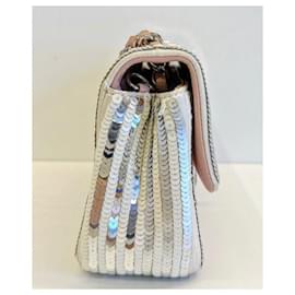 Chanel-Chanel Classic Mini Petit sac à rabat à paillettes Édition limitée-Argenté,Rose,Blanc,Gris,Métallisé,Bijouterie argentée