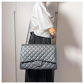 Chanel-lined Flap Maxi Caviarskin Leather Flap Chain Bag Grey-Metallic