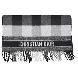 Christian Dior Lenço de marca com franjas xadrez cinza Cinza