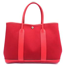 Hermès-HERMES GARDEN PARTY HANDBAG 36 CANVAS AND RED LEATHER CANVAS & LEATHER BAG-Red