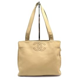 Chanel-CHANEL HANDBAG TOTE SHOPPING CC LOGO BEIGE LEATHER SHOULDER HAND BAG-Beige