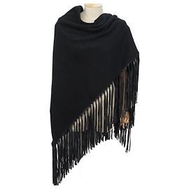 Hermès NEUF ETOLE HERMES TRIANGLE A FRANGES EN CUIR CACHEMIRE & LAINE NOIR CHALE Noir