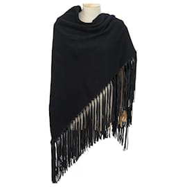 Hermès-NEW HERMES TRIANGLE STOLE WITH FRINGES IN CHALE BLACK CASHMERE LEATHER & WOOL-Black