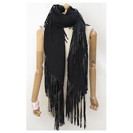 Hermès-NEW HERMES TRIANGLE STOLE WITH FRINGES IN CHALE BLACK CASHMERE LEATHER & WOOL-Black
