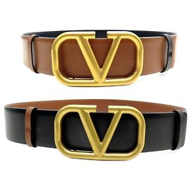 NEW VALENTINO VLOGO SIGNATURE REVERSIBLE BLACK LEATHER & CAMEL BELT Other