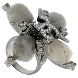 Chanel-NEW CHANEL RING GRAY STONES AND CC LOGO 54 METAL STEEL STONES RING-Silvery