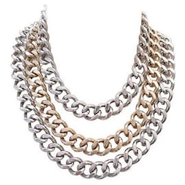 Chanel-CHANEL TRIPLE CHAIN NECKLACE AGENTE GOLD METAL CURB CHAIN 3 GOLD NECKLACE ROWS-Other