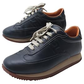 Hermès-CHAUSSURES HERMES QUICK 38 BASKETS CUIR BLEU MARINE LEATHER SNEAKERS SHOES-Bleu Marine