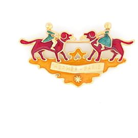 Hermès-VINTAGE HERMES DOG BROOCH IN MULTICOLOR ENAMEL AND GOLD METAL ENAMEL BROOCH-Golden