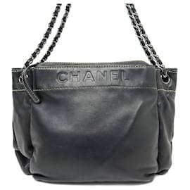 Chanel-CHANEL ACCORDEON LAX SHOPPING LOGO BLACK LEATHER HAND BAG-Black