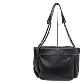 Chanel-CHANEL ACCORDEON LAX SHOPPING LOGO BLACK LEATHER HAND BAG-Black