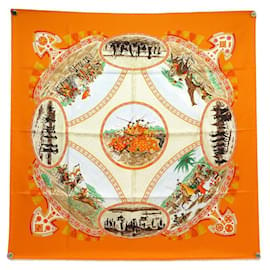 Hermès-NEUF FOULARD HERMES CAVALIERS PEULS CARRE 90 SOIE ORANGE + BOITE SILK SCARF-Orange