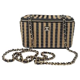 Chanel-Chanel Vanity Chain Raffia Jute Thread Schwarz Beige Tasche-Mehrfarben