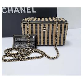 Chanel-Chanel Vanity Chain Raffia Jute Thread Preto Bolsa Bege-Multicor