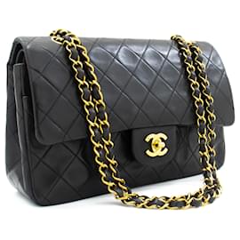 Chanel-Chanel Classic lined flap 10" Chain Shoulder Bag Black Lambskin-Black