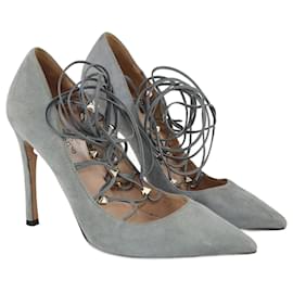 Valentino-Grey Rockstud Ankle Wrap Pointed Toe Pumps-Grey