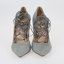 Valentino-Grey Rockstud Ankle Wrap Pointed Toe Pumps-Grey