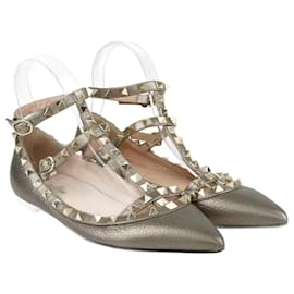 Valentino-Green Studded Ankle Strap Pointed Toe Ballet Flats-Green