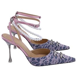 Mach & Mach Matilda Mini Bow Embellished Lace Pumps in Blue Denim Blue