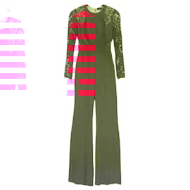 Elie Saab-Elie Saab jumpsuit in red with Alenon lace sleeves-Red