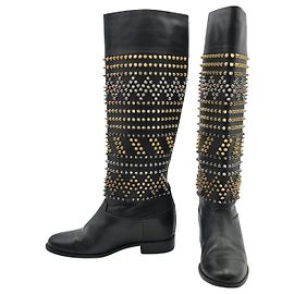 Christian Louboutin Louboutin Rom Chic bottes longues à pointes dorées et argentées en cuir noir Noir