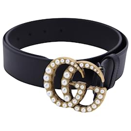 Gucci-Gucci Pearl Embellished Double G Buckle Belt in Black Leather-Black