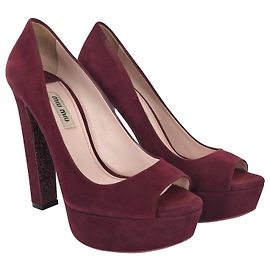 Miu Miu peeptoe platform heels in maroon suede with crystal bottoms Red