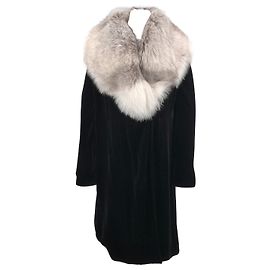 Blumarine black velvet long coat with silver-fox collar Black