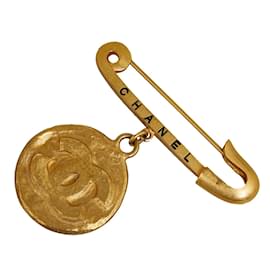 Chanel-Broche de alfinete de segurança CC Coin-Dourado
